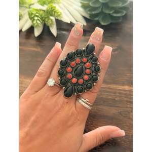 <b>Adjustable</b> Navajo Multi-Stone <b>Ring</b> Handmade with Sterling Silver & Coral Bezel Setting Inlay Everyday Wear - Product Image 2