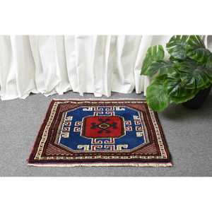 Alfombra Turca Vintage Pequeña de 1.7x2.1 pies, Alfombra de Lana Azul Sólida - Product Image 2