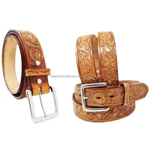 High Quality western leather belt handmade tooling and carving full grain leather belt |mens belts genuine leather luxury