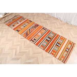 Vintage Turkish Rug, 3x10.5 ft <b>Runner</b> Rug, Orange <b>Green</b> Floral Wool Rug - Product Image 3