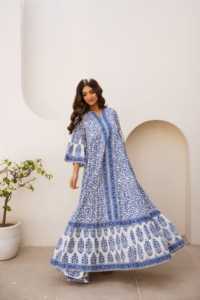 Vestido Maxi Bohemio Otoñal para Mujer, Estampado en Bloques Azul y Blanco, Caftán Largo de Algodón, Mangas Acampanadas, Diseño Étnico, Cintura Natural - Product Image 5