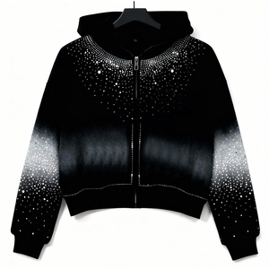 Custom Heavyweight Oversized <b>Hoodie</b> Men <b>Vintage</b> Embroidery Acid Wash Full Rhinestones <b>Zip</b> <b>Up</b> Hoodies & Sweatshirts - Product Image 1