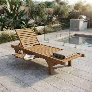 Chaise longue d'extérieur en teck massif avec plateau coulissant, chaise de piscine inclinable à lattes, design artistique et décoratif - Product Image 4