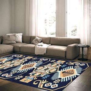 Navy Printed Rug with Vintage Turkish Design and Geometric Pattern,Velvet Rug - Product Image 3