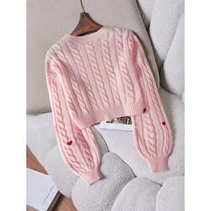 Suéter Casual Rosa para Mujer, Cuello Redondo, Tejido de Punto, Apliques Florales de Corazón, 100% Acrílico, Mangas Farol, Transpirable y Cálido para Otoño/Invierno - Product Image 2