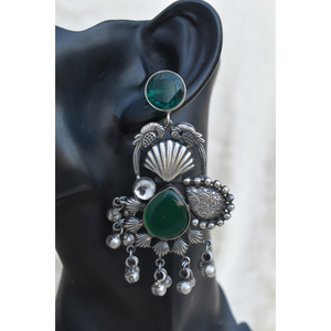 Boucles d'oreilles créoles Jhumka grandes, en laiton aspect argenté, nouveau design, faites à la main, avec pierres traditionnelles, pour filles et femmes - Product Image 2