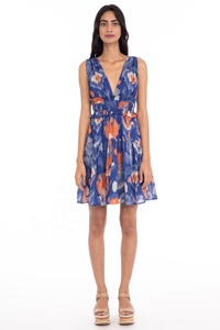 Robe d'été mini trapèze bleue pour femme, col en V profond, fermeture éclair au dos, taille élastique, poches latérales, en jersey, offre ODM - Product Image 4