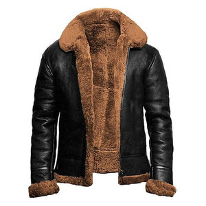 Blouson aviateur en cuir et coton pour hommes, col à revers, manteau de moto classique et chaud de style aviateur, doublé polaire, hiver, toile formelle - Product Image 5