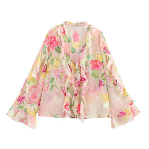 Mujeres 2025 nueva moda elegante estampado de flores decoración en capas Blusas Vintage manga larga camisas femeninas Blusas Chic Tops - Product Image 1