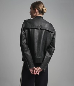 Blouson aviateur noir brut pour femme, style militaire, poches cargo, col en tricot côtelé, veste utilitaire décontractée, cuir d'agneau véritable, écologique - Product Image 5
