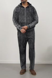 Chándal 100% algodón lavado ácido peso pesado logotipo personalizado pantalones acampanados y cremallera conjunto de Sudadera con capucha para hombres - Product Image 6