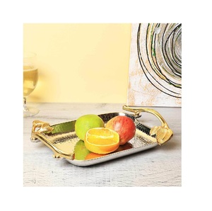 Plateau à fruits en métal avec poignées en feuilles Plateau de service martelé fini miroir argenté pour fournitures de restaurant et d'hôtel - Product Image 1