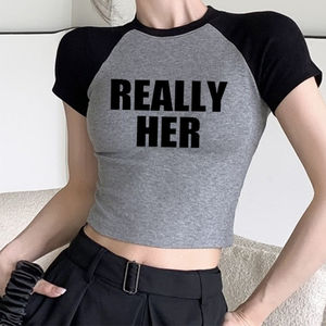 2025 Top Vente Lettre Motif Imprimé Col Ras Du Cou Crop Top Vente Produits 2024 Femmes À Manches Courtes Haut Streetwear - Product Image 4