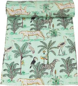Edredón Kantha con estampado de jungla de menta india, ropa de cama Vintage hecha a mano Bohemia, manta, colcha, edredones Hippie para la venta - Product Image 1