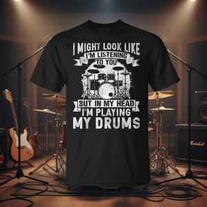 T-shirt da donna con stampa grafica a tema batterista, promozionale, con la scritta 'In My Head I'm Playing My Drums' - Product Image 3