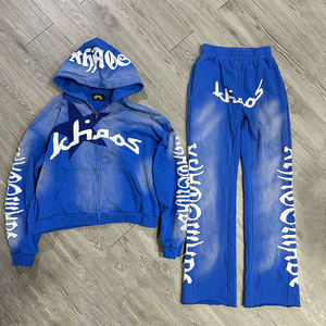 Ropa de calle de invierno personalizada serigrafía lavado ácido Unisex pantalones de chándal acampanados apilados trajes de chándal sudaderas con cremallera para hombres 100% algodón - Product Image 3