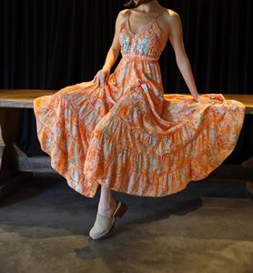 Vestido Largo Estilo Bohemio de Poliéster/Algodón Naranja, Cuello en V, Sin Mangas, con Patrón Paisley Detallado y Bordado, Lavable - Product Image 5