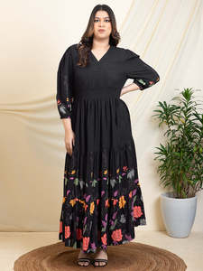 Floral Rayon Plus Size Tiered <b>Dress</b> for Women's V Neck 3/4th Sleeves Maxi <b>Dress</b> Summer Western Party Casual Wear Stylish <b>Dress</b> - Product Image 4