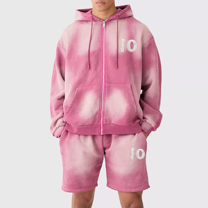 High Quality Wash Sun Faded Two Piece <b>Zip</b> up Hoodie and Jogging <b>Shorts</b> Set Acid Wash Sweat Suit Tracksuit for <b>Men</b> - Product Image 1