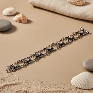 Bracelet en or 14 carats et argent 925 avec quartz rose pour femmes, bijoux religieux, diamant, perle, plaqué rhodium, motif floral - Product Image 2