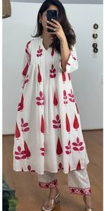 Conjunto de Salwar de Algodón con Estampado de Bloques para Mujer, con Pantalones, Blanco y Rojo, Ropa Étnica de Secado Rápido para Uso Diario Informal - Product Image 2