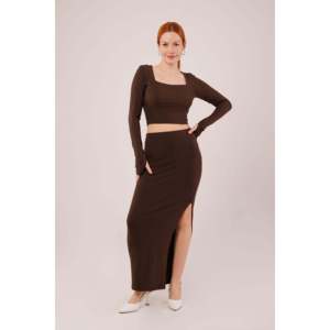 LUSTRIN Women's Wholesale Brown Square Neck Blouse and Slit Detail Skirt Two-Piece Set for Casual Wear - Product Image 1