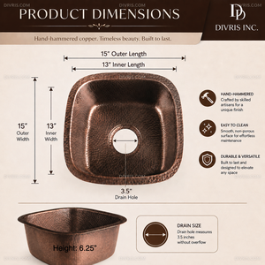 Fregadero de Cocina de Lujo DIVRIS, Hecho a Mano, de Cobre Martillado, Personalizado, de un Solo Tazón, Cuadrado, con Acabado Pulido, Diseño Moderno, 15x15 - Product Image 5