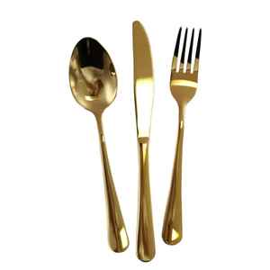 Ensemble de couverts de mariage modernes de luxe en acier inoxydable poli miroir, avec couteau, cuillère à dessert et fourchette plaqués or, vente en gros - Product Image 4