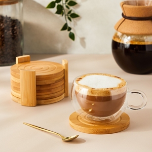 ที่รองแก้วไม้ทรงกลมพร้อมที่จับสำหรับโต๊ะกาแฟสำนักงานบ้านร้านอาหาร - Product Image 2
