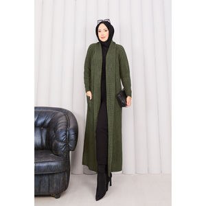 Cardigan en tricot à col châle tressé kaki pour femmes - Product Image 5