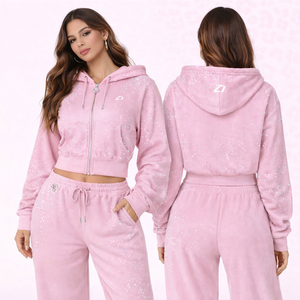 Conjunto Deportivo Rosa con Pedrería, Transpirable, Sudadera Corta Oversize y Pantalones Acampanados, Dos Piezas, Fabricante Personalizado ODM - Product Image 1