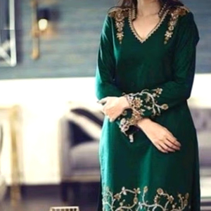 GOLDEN EMBROIDERY on BOTTLE GREEN LONG KURTA & PANT DRESS WITH EMBELLISHED DABKA,PEARLS,STONE WORK for PARTY-WEAR/ WEDDING=2024 - Product Image 1
