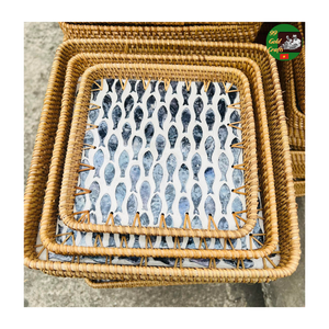 Bandeja de Servicio Artesanal de Ratán con Mosaico de Nácar para Uso en Hoteles y Restaurantes, Bandeja Decorativa para Cafetería - Product Image 3
