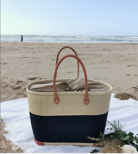 Panier rond moyen en paille fait main, tendance - Panier marocain - Sac fourre-tout - Sac en paille - Panier de marché français - Product Image 1