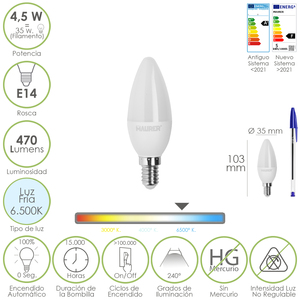 Lampadina LED a Forma di Candela con Attacco E14 4,5 Watt. Corrisponde a 35 Watt. 470 Lumen. Luce Fredda (6500o. K.) - Product Image 1