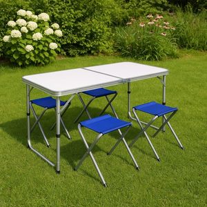 Tavolo da campeggio in alluminio con 4 sgabelli blu 120x60x71cm valigia pieghevole tavolo con manico da giardino - Product Image 3
