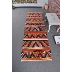 พรมตุรกีวินเทจขนาด 3x10.3 ฟุต, พรมปูพื้น, พรมขนสัตว์ลายดอกไม้สีส้มชมพู - Product Image 1