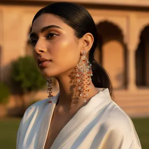 ต่างหูเงินประดับลูกปัดสีแดงและมูนสโตนสุดเก๋ - Product Image 1