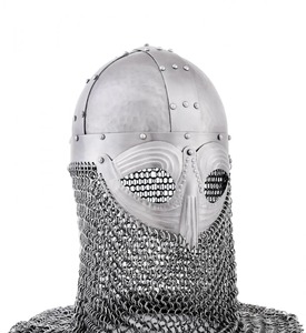 Casco vikingo personalizable medieval temprano con forro de cuero de cadena plateada Traje griego portátil Incluye cuchillos vikingos usados OEM - Product Image 1