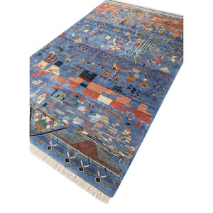 Tapis en soie noués à la main Manchaha Blue, tapis abstraits de Jaipur pour l'entrée de la maison, tapis rectangulaires Tabriz pour couloir, design patchwork - Jaipur - Product Image 2