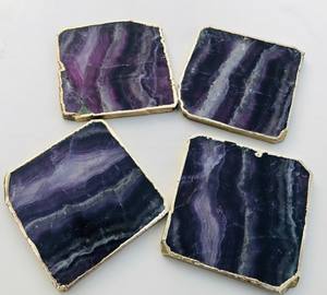 Gran púrpura fluorita ágata cristal geoda piedra cuadrada en forma de Feng Shui decoración del hogar hermoso chapado en oro Trim posavasos piedra preciosa - Product Image 6
