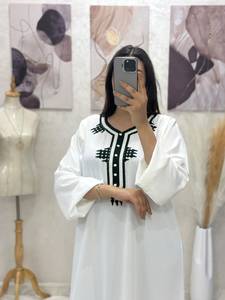 Moroccan White Traditional Kaftan Muslim Abaya Breathable Custom Long Sleeve Ethnic Robe Beaded Neckline <b>Loose</b> Fit Women <b>Dress</b> - Product Image 4