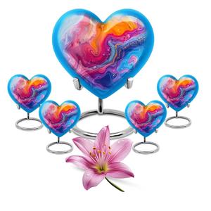 Juego de urnas para mascotas Aurora Radiance, corazón de 10 pulgadas y urna de 3 pulgadas, paquete de 5 jarrones para cenizas de estilo americano azul para funerales - Product Image 1