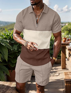 Men Summer Track Suits 2 Piece <b>Shorts</b> Sets <b>Short</b> Sleeve Sweatsuit Outfits 1/4 <b>Zip</b> Golf Polo Splicing Striped Shirts - Product Image 3