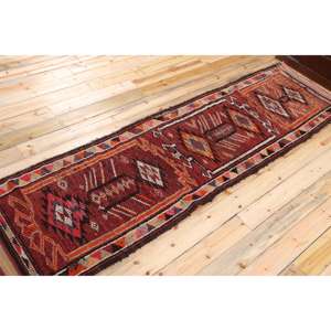 Vintage <b>Runner</b> Rug 2,8x10,6 ft, Turkish Herki <b>Red</b> Bordered Wool Rug - Product Image 2