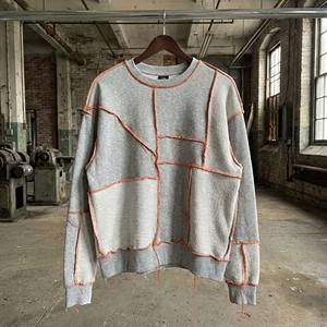 Custom <b>Men's</b> Winter Streetwear Deconstructed Fleece <b>Sweatshirt</b> <b>Grey</b> Marl Pullover Exposed Orange Contrast Stitching Raw Edge - Product Image 1