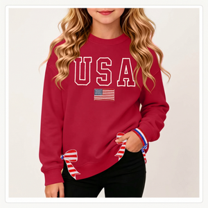Sweat-shirt en tricot à col rond rouge patriotique pour filles, avec broderie graphique de la lettre USA pour la fête de l'Indépendance, 100% coton, ODM - Product Image 1
