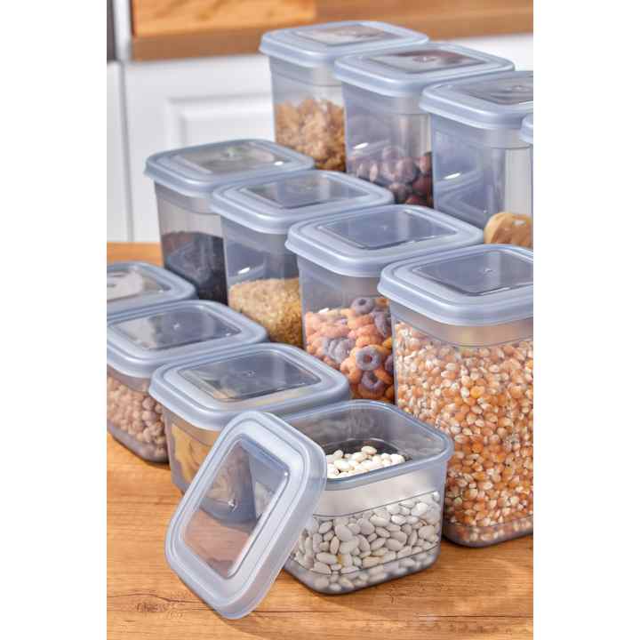 Set of 12 Leakproof Square Storage Containers with Lids Gray 4X ( 0.6L - 1.25L - 1.9L )
