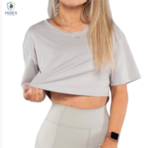 INDEX APPAREL Women's Gray Crop <b>Top</b> T-Shirt O-Neck Short Sleeve Loose Fit Solid Color Casual Spring Summer Wear - Product Image 1