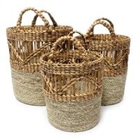 Ensemble de paniers de rangement en jonc de mer et jacinthe d'eau naturels, avec grille à lattes ouvertes et poignée en arche, pour pot de fleurs, organisateur et décoration, design artistique pur
